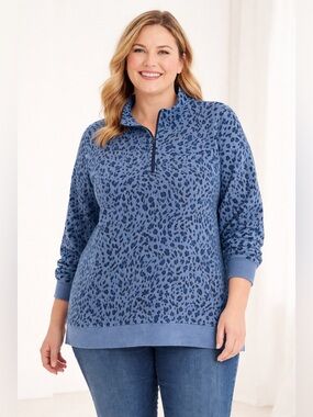 Talbots Blue Leopard Animal Print Pullover Sweatshirt Top Womens Size 2X 1/4 Zip